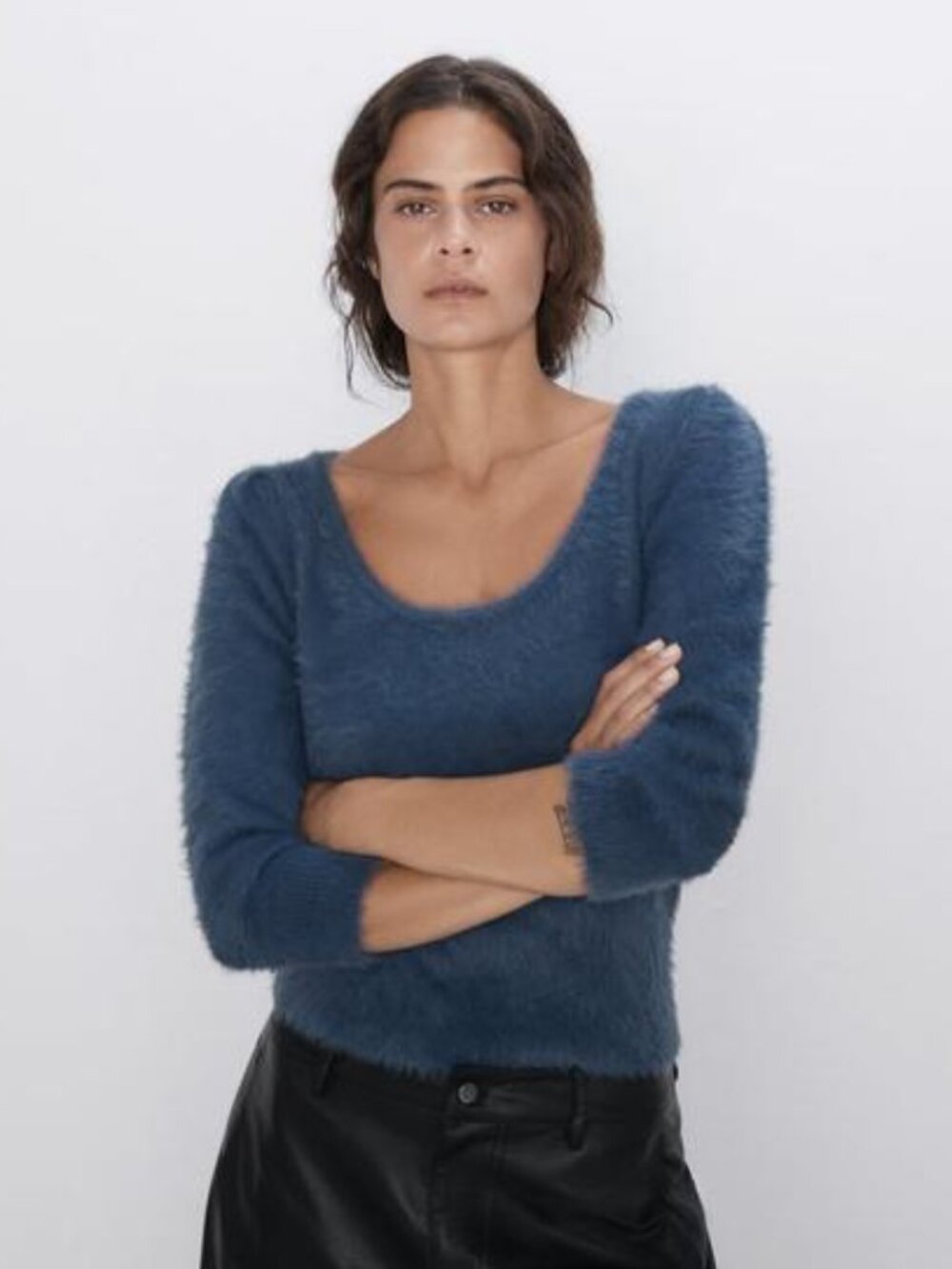Zara Fuzzy Brushed Mohair-Style Sweater Top in Slate Blue